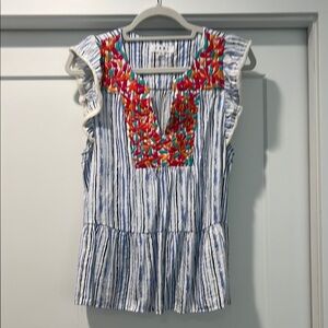 THML Blue and White Ruffled Blouse with Embroidered Neckline